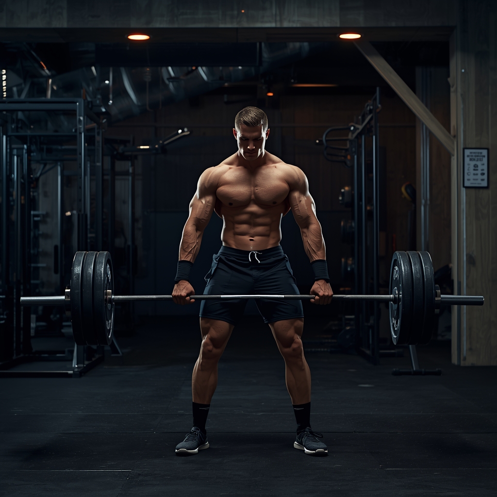 A muscular male athlete performing a heavy barbell deadlift in a modern dark gym with dramatic orange lighting, motivational atmosphere, steel and concrete environment, professional fitness photography style, no women