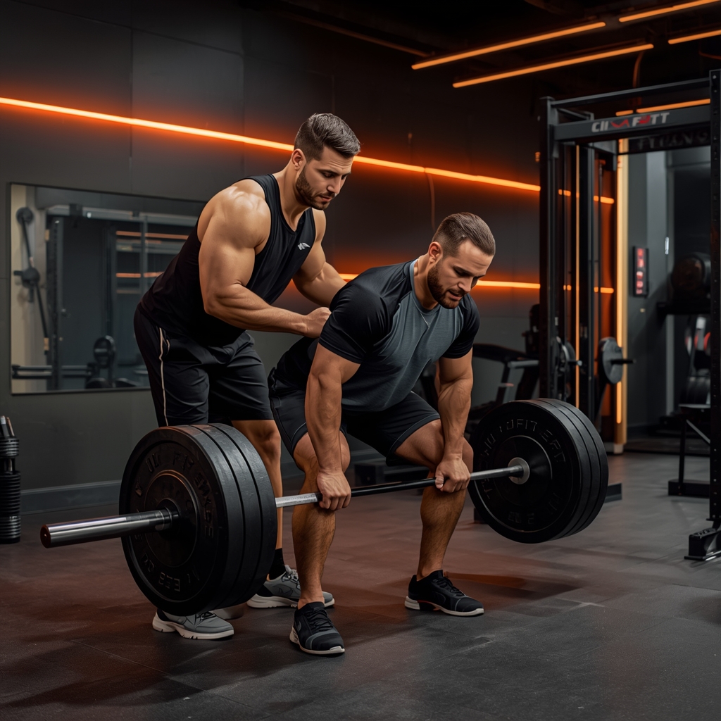 A male personal trainer demonstrating proper deadlift form to a male client in a modern premium gym with dark walls and orange neon accent lighting, professional fitness coaching, no women